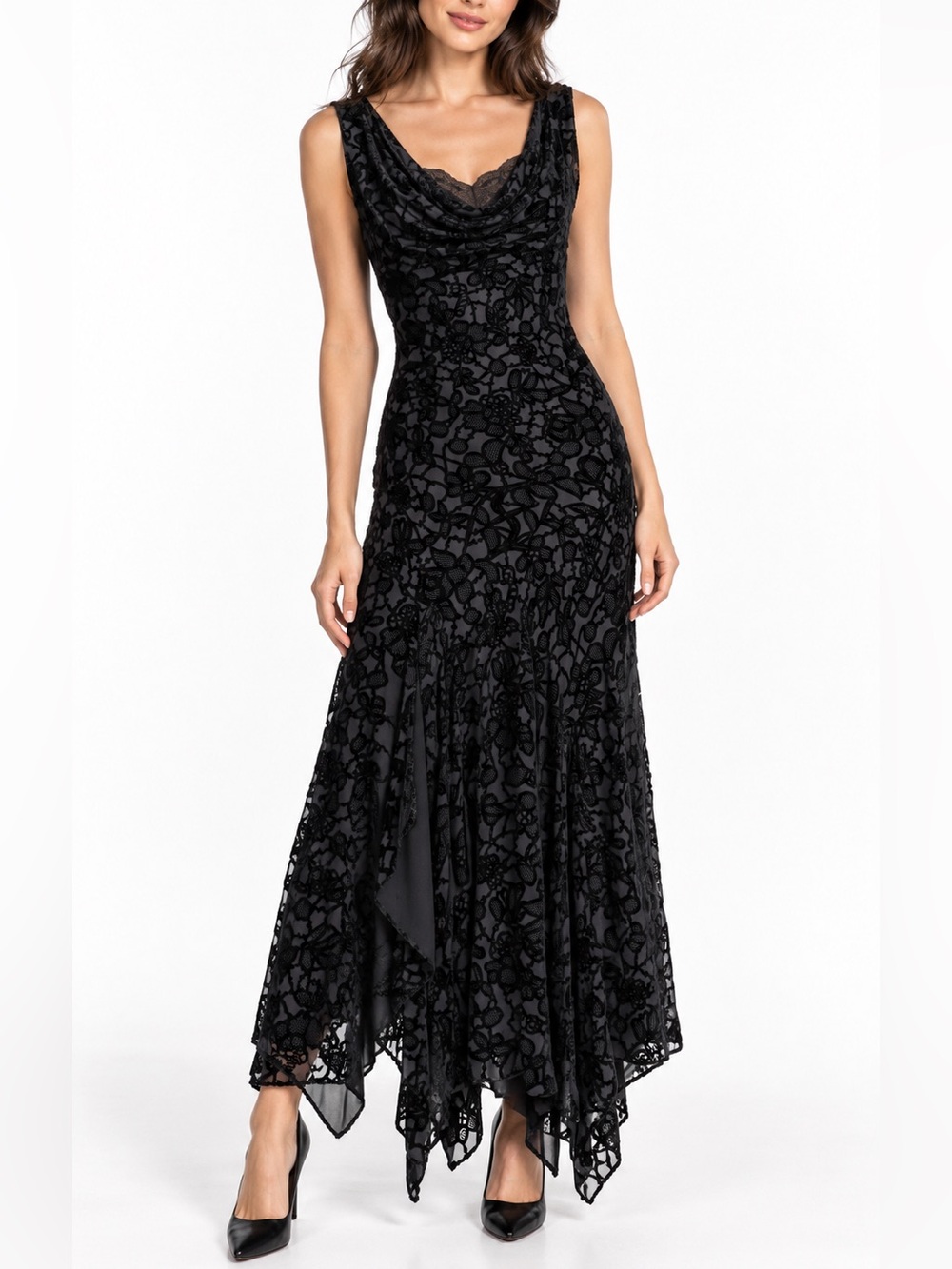 ECI New York Black Silk Velvet Maxi Dress Size 8 Y2K Whimsigoth Handkerchief